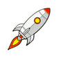 The Pocket Rocket Ball Marker by Ballmarkers.com features a cartoon rocket with a white and gray body, orange nose cone, yellow window, and red-orange flames—ideal for golf fans seeking unique accessories.
