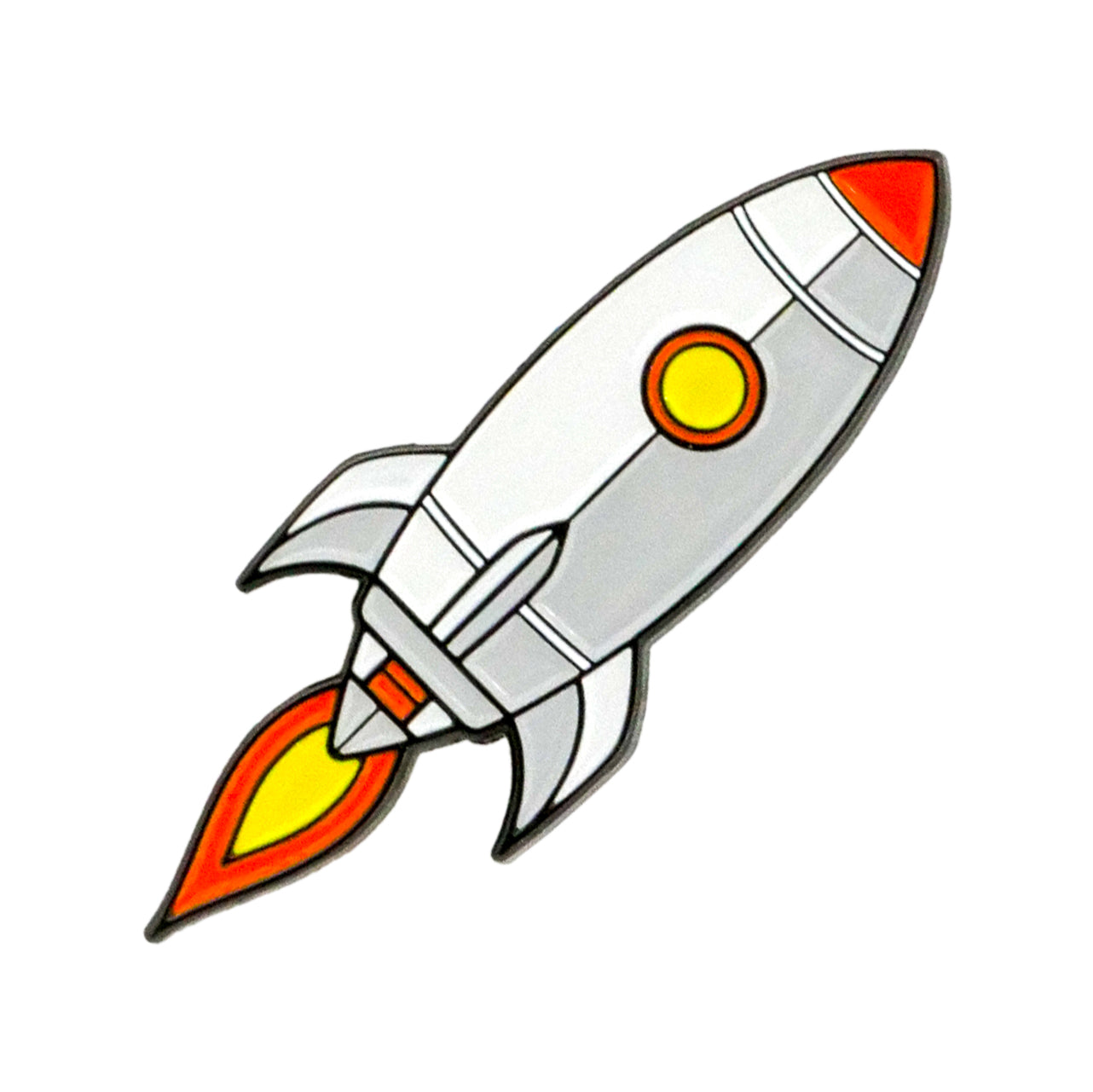 The Pocket Rocket Ball Marker by Ballmarkers.com features a cartoon rocket with a white and gray body, orange nose cone, yellow window, and red-orange flames—ideal for golf fans seeking unique accessories.