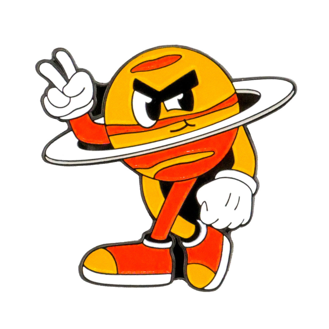 The Saturn Out Ball Marker from Ballmarkers.com features a cartoon planet with a ring, orange shoes, and white gloves, striking a peace sign with an angry face—perfect for fans of premium golf accessories.