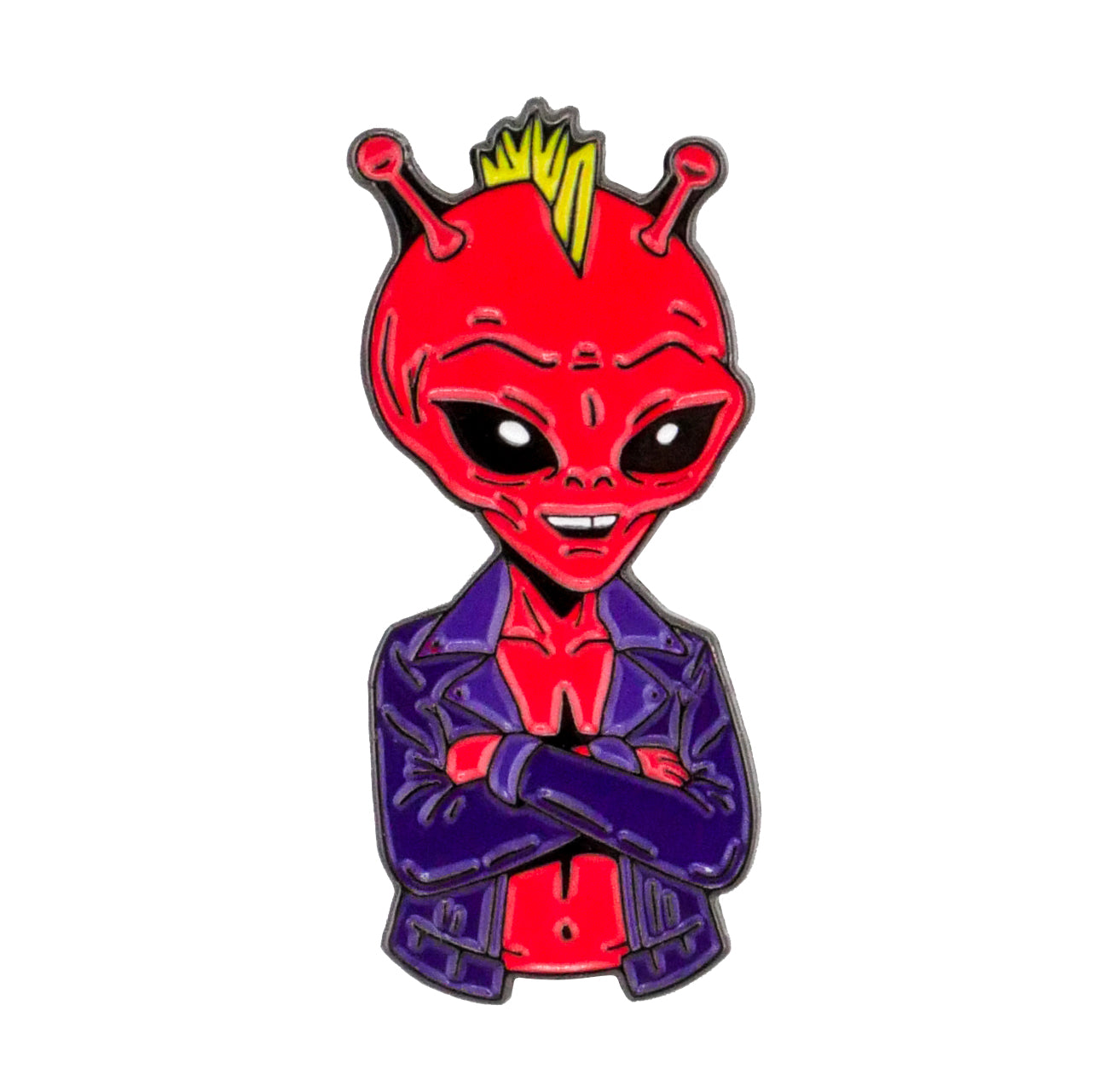 The Slice Vicious Ball Marker by Ballmarkers.com features a red alien with black eyes, yellow crest, and antennae, arms crossed in an open purple jacket and a confident smile—a distinctive artistic golf accessory.