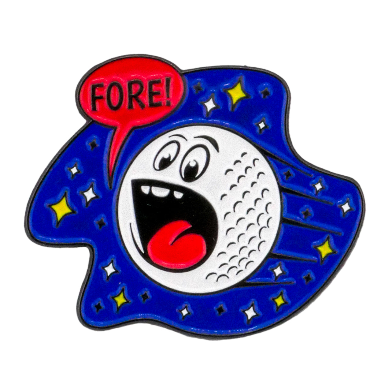 The Space Ball Ball Marker by Ballmarkers.com features a cartoon golf ball with a surprised face, shouting FORE! in a red speech bubble on a blue background with yellow stars—perfect for pairing with premium divot tools and golf accessories.