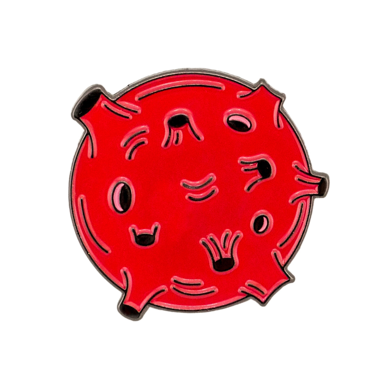 The Terra Rossa Ball Marker by Ballmarkers.com features a round, red cartoon design with expressive faces and black accents—a fun premium golf accessory for those who love unique style on the course.