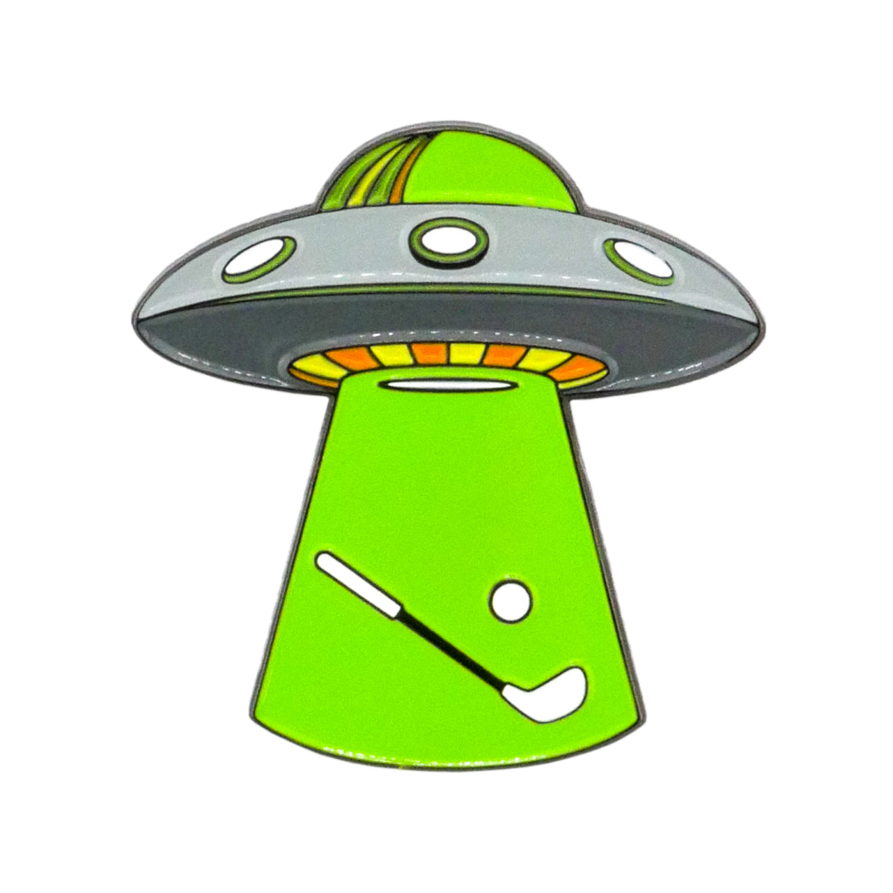 Green and silver UFO ball marker on a white background, Abducting golf club and golf ball
