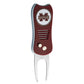 The Switchfix ACC College Switchfix Divot Tool with Ball Marker features a maroon handle, Mississippi State University logo, switchblade mechanism, and two metal prongs.