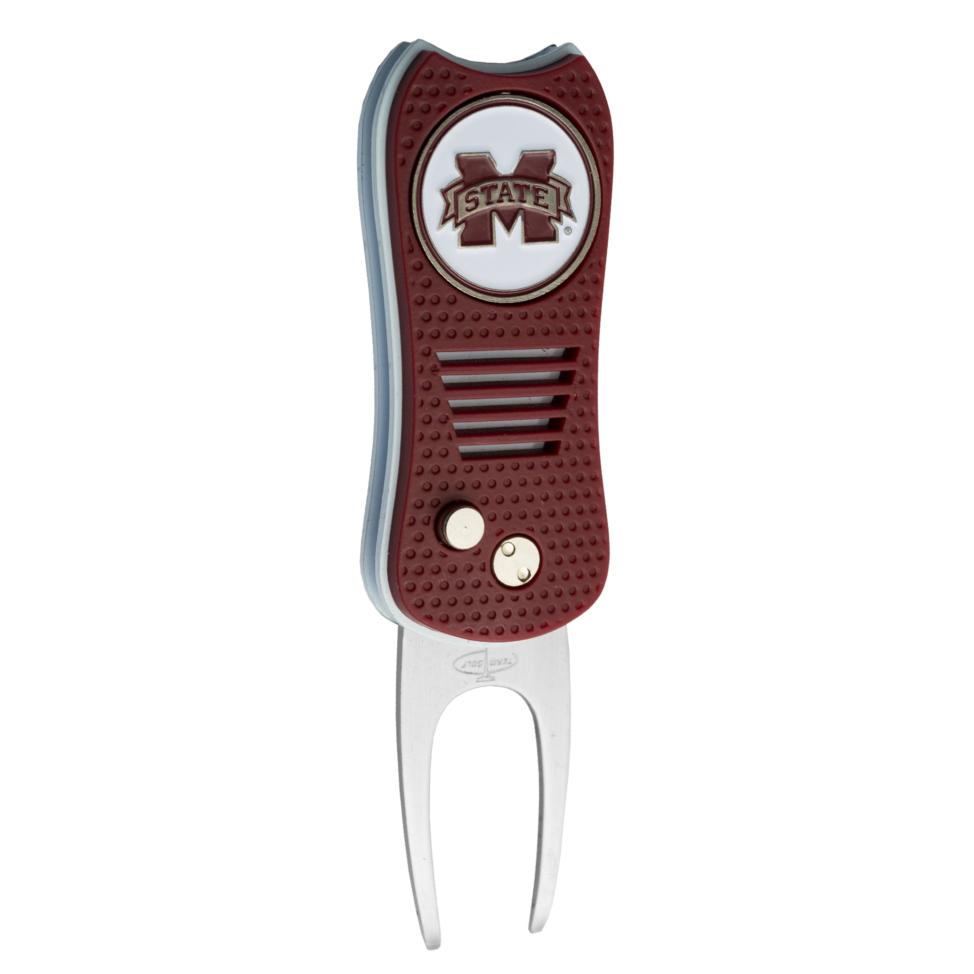 The Switchfix ACC College Switchfix Divot Tool with Ball Marker features a maroon handle, Mississippi State University logo, switchblade mechanism, and two metal prongs.