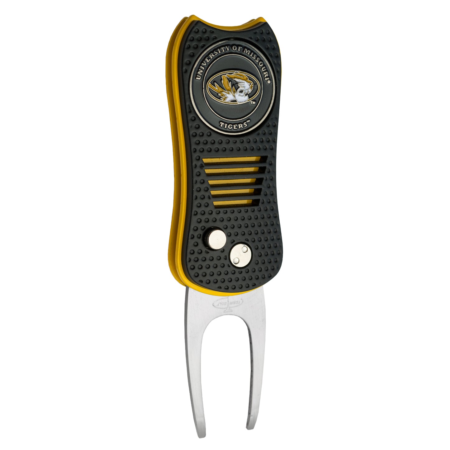 The ACC College Switchfix Divot Tool with Ball Marker by Switchfix features a University of Missouri Tigers logo, black textured grip, yellow edges, two metal prongs, and a magnetic marker for easy use on the course.
