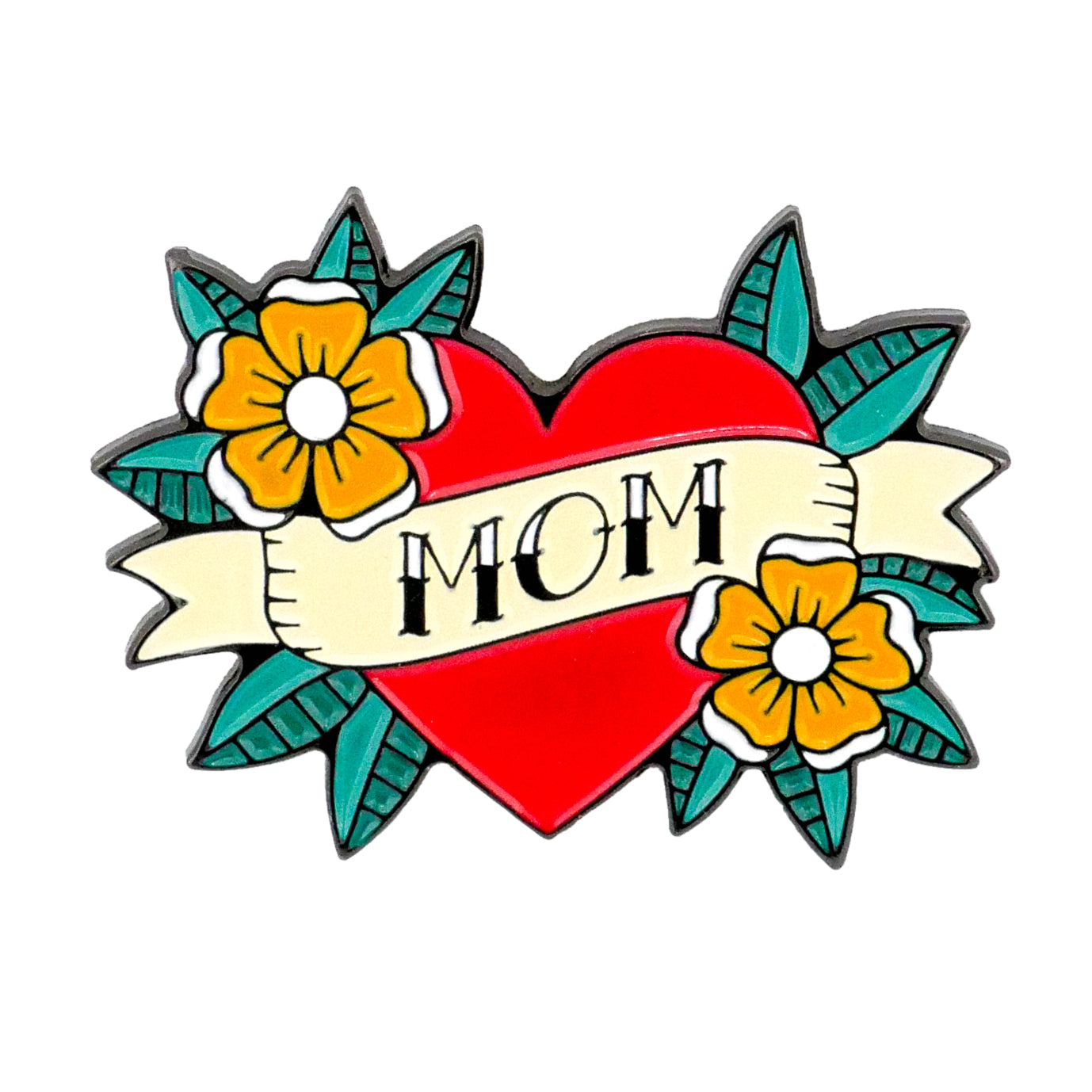 The Mom Tattoo Ball Marker from Ballmarkers.com features a red heart with a beige "MOM" banner, yellow flowers, and green leaves in classic tattoo style—an ideal Mother’s Day golf gift.