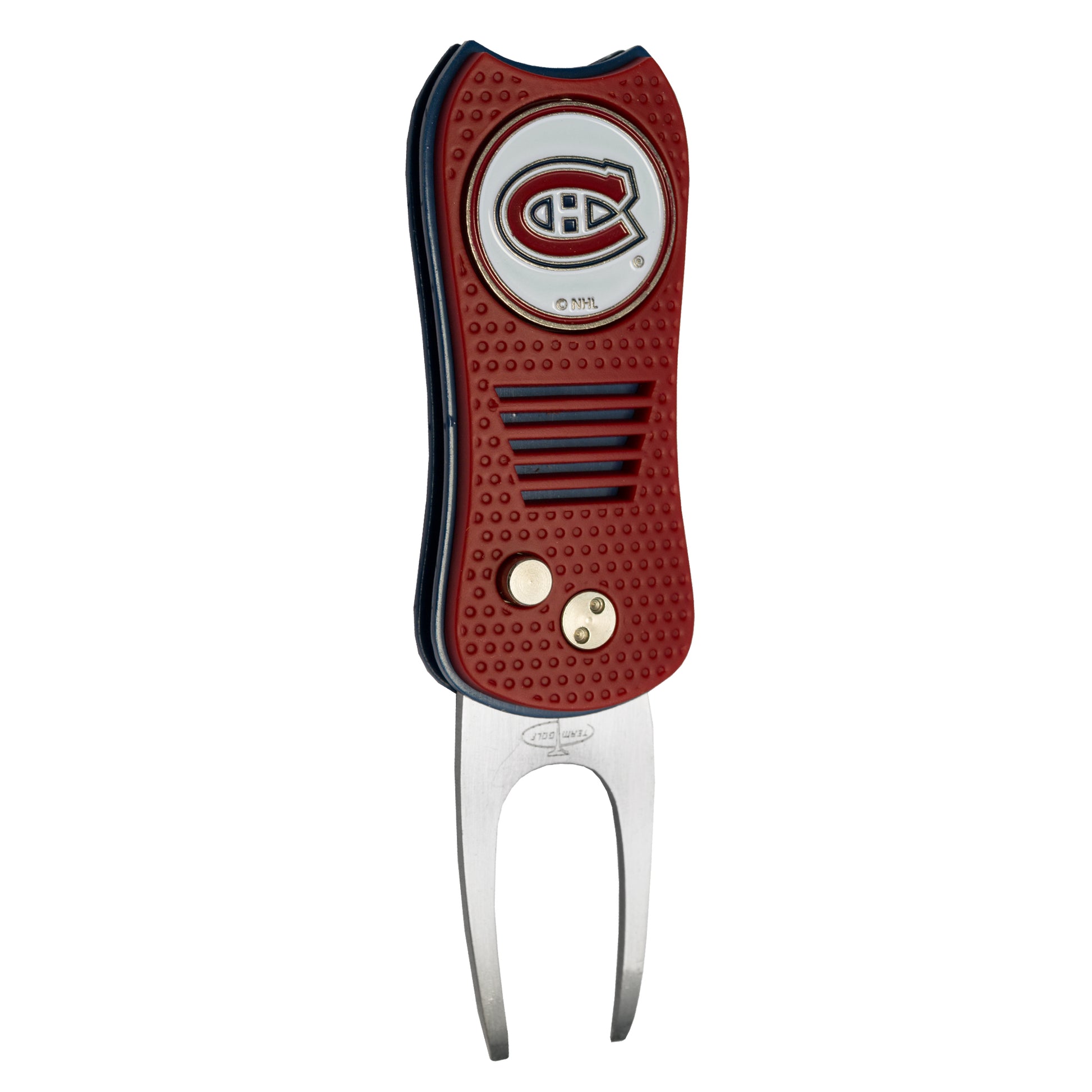The Ballmarkers.com NHL Switchfix Divot Tool with Ball Marker has a red grip, Montreal Canadiens logo, gold buttons, and a magnetic ball marker.