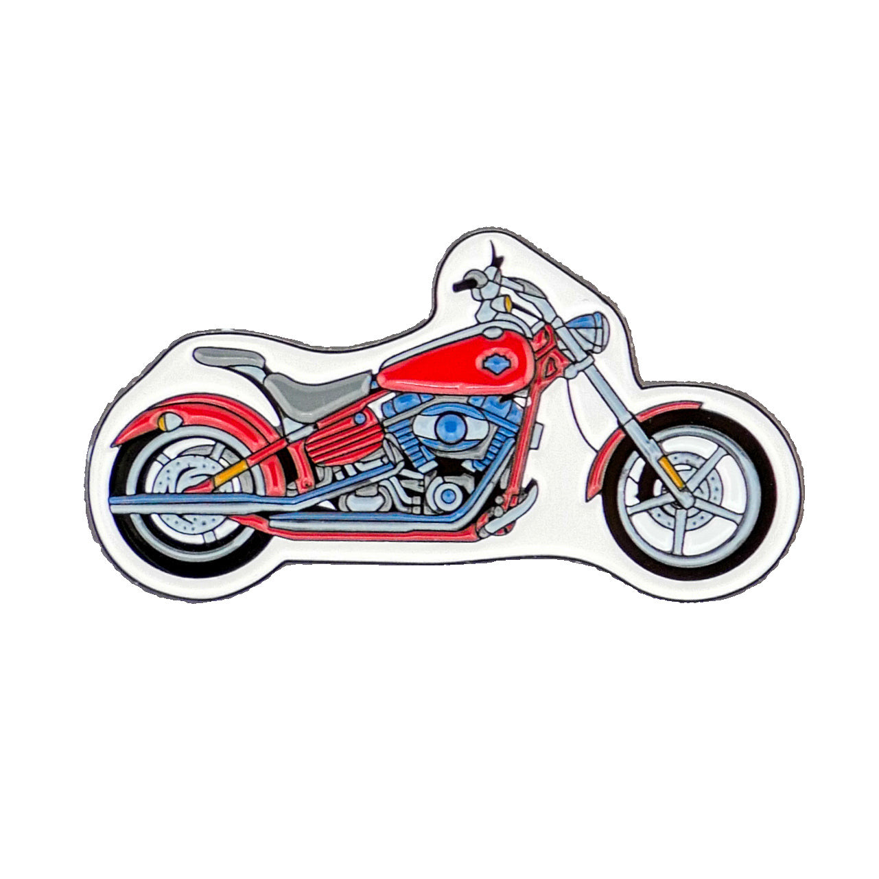 Logie Joe's Golf Motorcycle ball marker features a vibrant, cartoon-style red bike with silver and blue accents—a standout accessory for premium golf lovers.