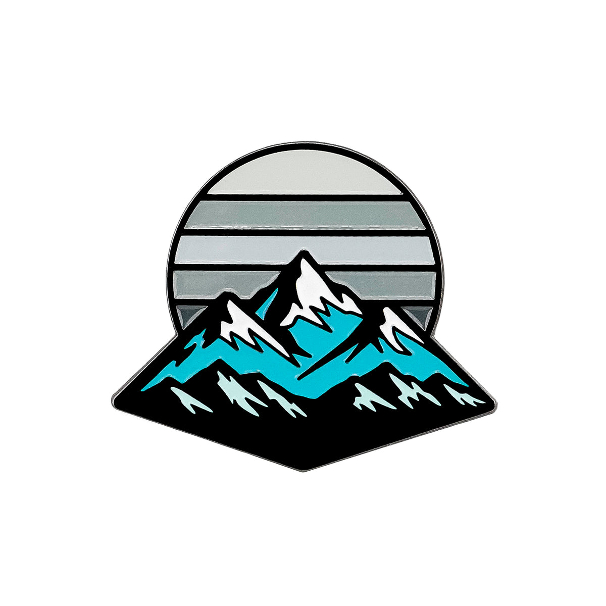 A stylized illustration of blue and black mountains with snowy caps against a striped backdrop—Logie Joe’s Golf Mountain Moonrise Ball Marker is the perfect unique golf accessory.