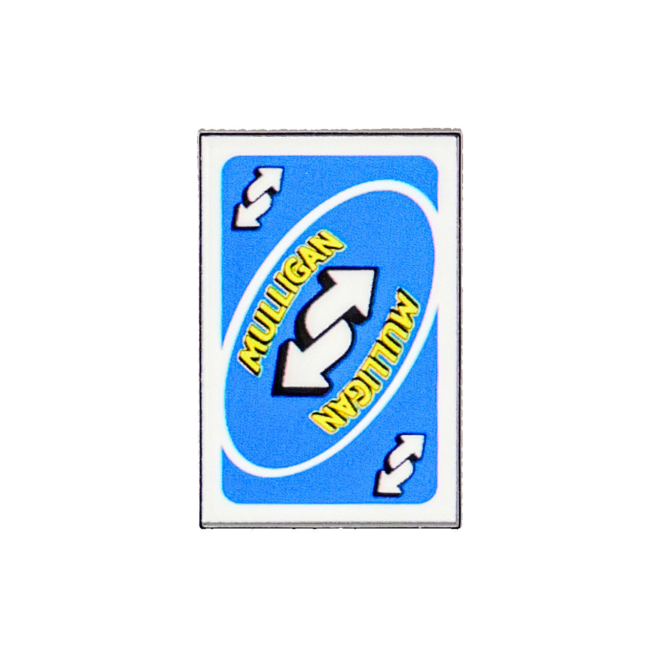The Mulligan Reverse Card Blue by Logie Joe's Golf is a blue playing card with a white reverse arrow and "MULLIGAN" in yellow text, written twice diagonally—a playful twist for fans of premium golf accessories like unique ball markers.