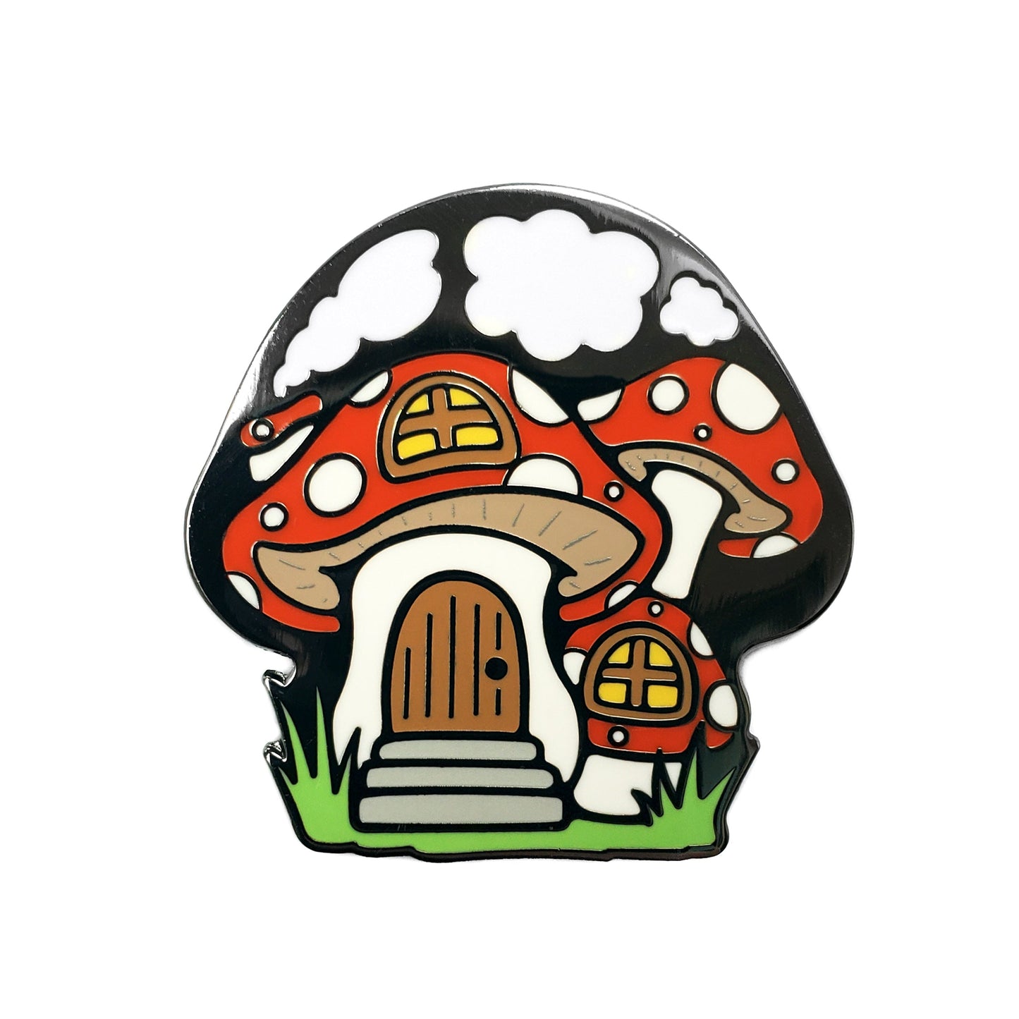 The Kolorspun Mushroom House Golf Ball Marker features a vibrant cartoon mushroom house with red and white caps, yellow windows, and green grass—an ideal whimsical golf gift or magnetic ball marker for enthusiasts.