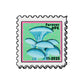 The November Mushroom Stamp Ball Marker from Ballmarkers.com features blue oyster mushrooms on a green background with pink dots. "Forever 69¢" and "11-2025" are printed in black, making it a fun gift for collectors.