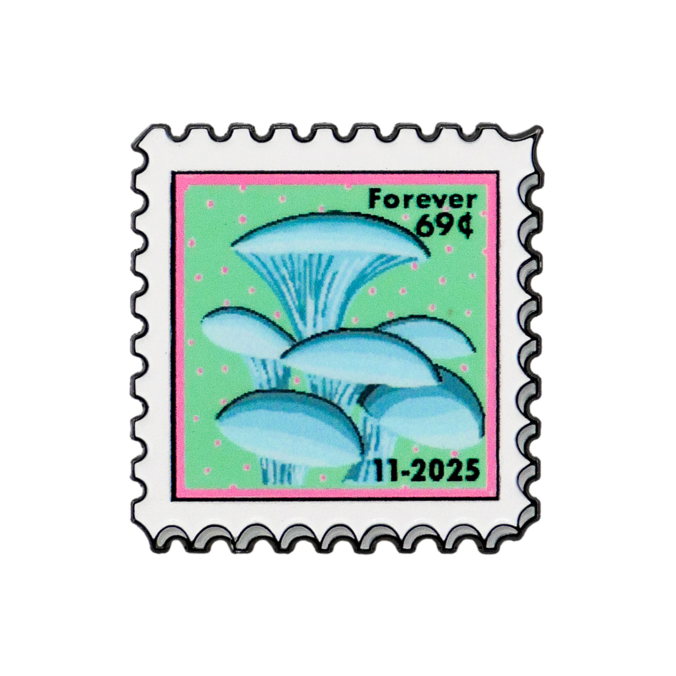 The November Mushroom Stamp Ball Marker from Ballmarkers.com features blue oyster mushrooms on a green background with pink dots. "Forever 69¢" and "11-2025" are printed in black, making it a fun gift for collectors.