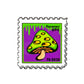 The 10-2025 Mushroom Stamp Ball Marker by Ballmarkers.com features a cartoon green and yellow mushroom on a purple background with green drips, "Forever 69¢," and is perfect for collectors or as a playful ball marker.