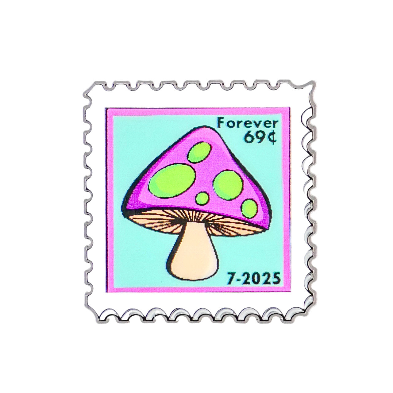 Logie Joe's Golf Mushroom Stamp 07/2025: A vibrant postage stamp with a purple mushroom and green spots on a blue-pink background—ideal as a unique golf ball marker or premium mushroom-themed ball marker.
