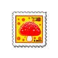 Logie Joe's Golf Mushroom Stamp 08/2025 is a premium ball marker styled like a postage stamp, featuring a red and white mushroom on yellow with orange dots, plus "Forever 69¢" and "8-2025" in the corners—ideal for mushroom fans.