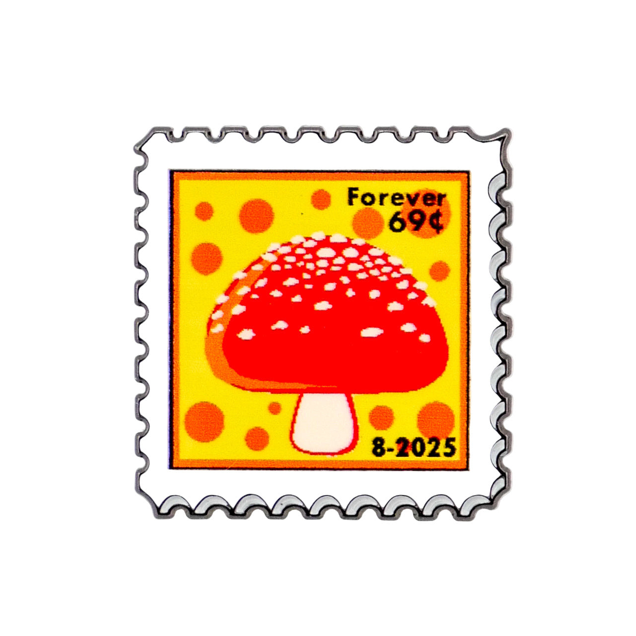 Logie Joe's Golf Mushroom Stamp 08/2025 is a premium ball marker styled like a postage stamp, featuring a red and white mushroom on yellow with orange dots, plus "Forever 69¢" and "8-2025" in the corners—ideal for mushroom fans.