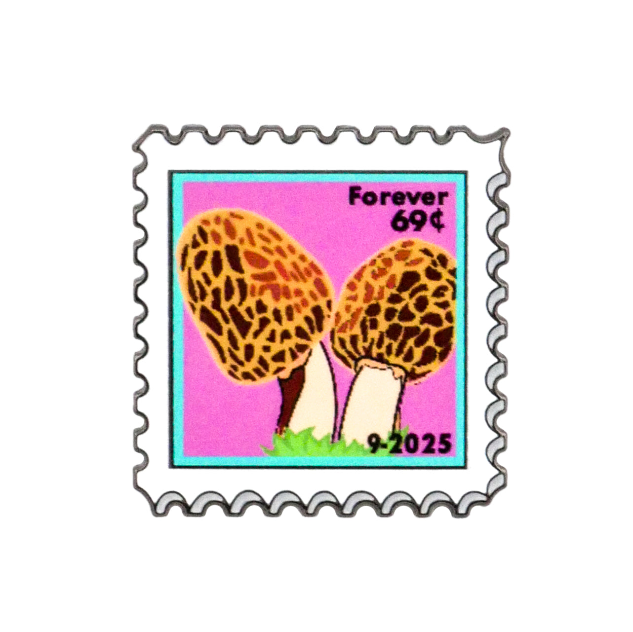 The 09-2025 Mushroom Stamp Ball Marker from Ballmarkers.com features two morel mushrooms on a pink background with a wavy white border—ideal for collectors and golf enthusiasts alike.