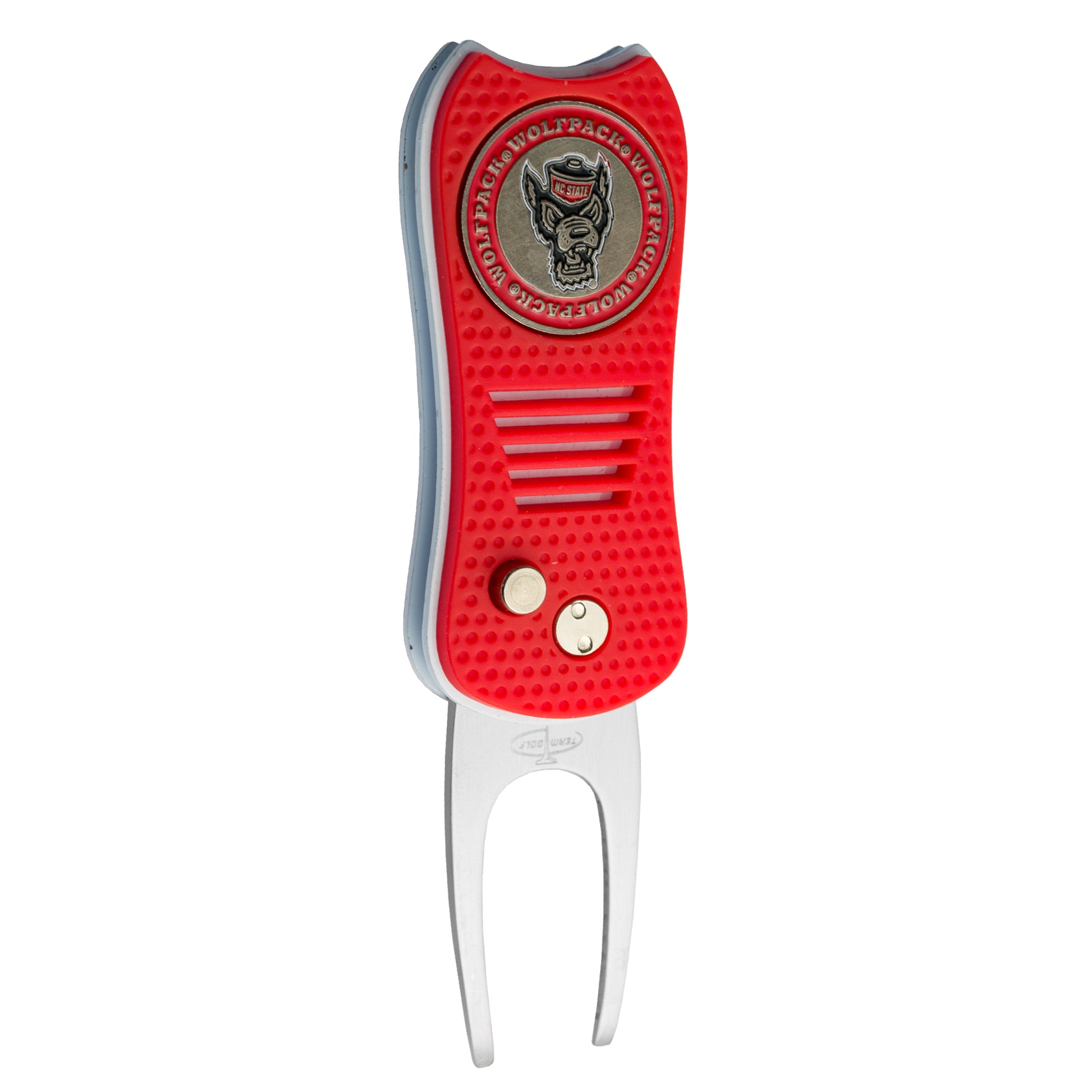 The ACC College Switchfix Divot Tool by Switchfix features a red and silver design, two metal prongs, a textured grip, and a circular Wolfpack emblem on the handle. Includes a magnetic ball marker for convenience.