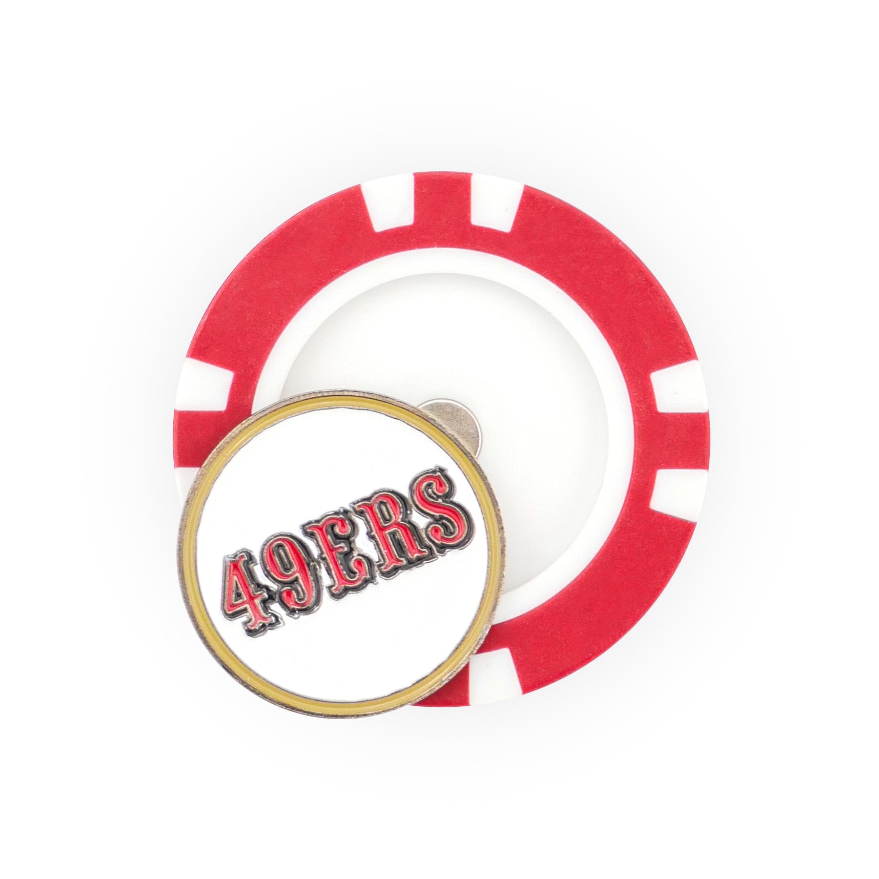 The NFL Team Ball Marker by NFL features a red and white poker chip design with a circular pin on top that displays "49ERS" in red, black, and gold letters.