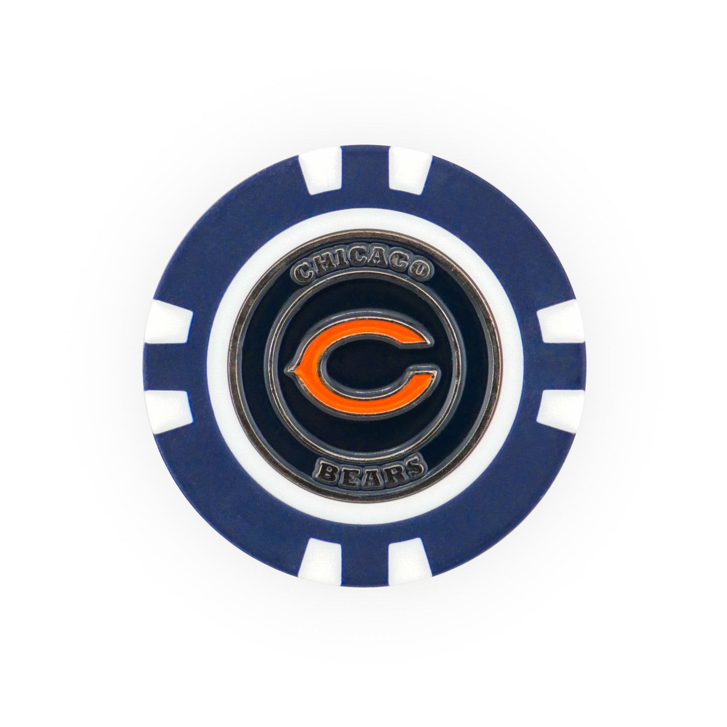 The NFL Team Ball Marker by NFL is a blue and white poker chip featuring the Chicago Bears logo—an orange "C" in the center with "CHICAGO BEARS" text around it.