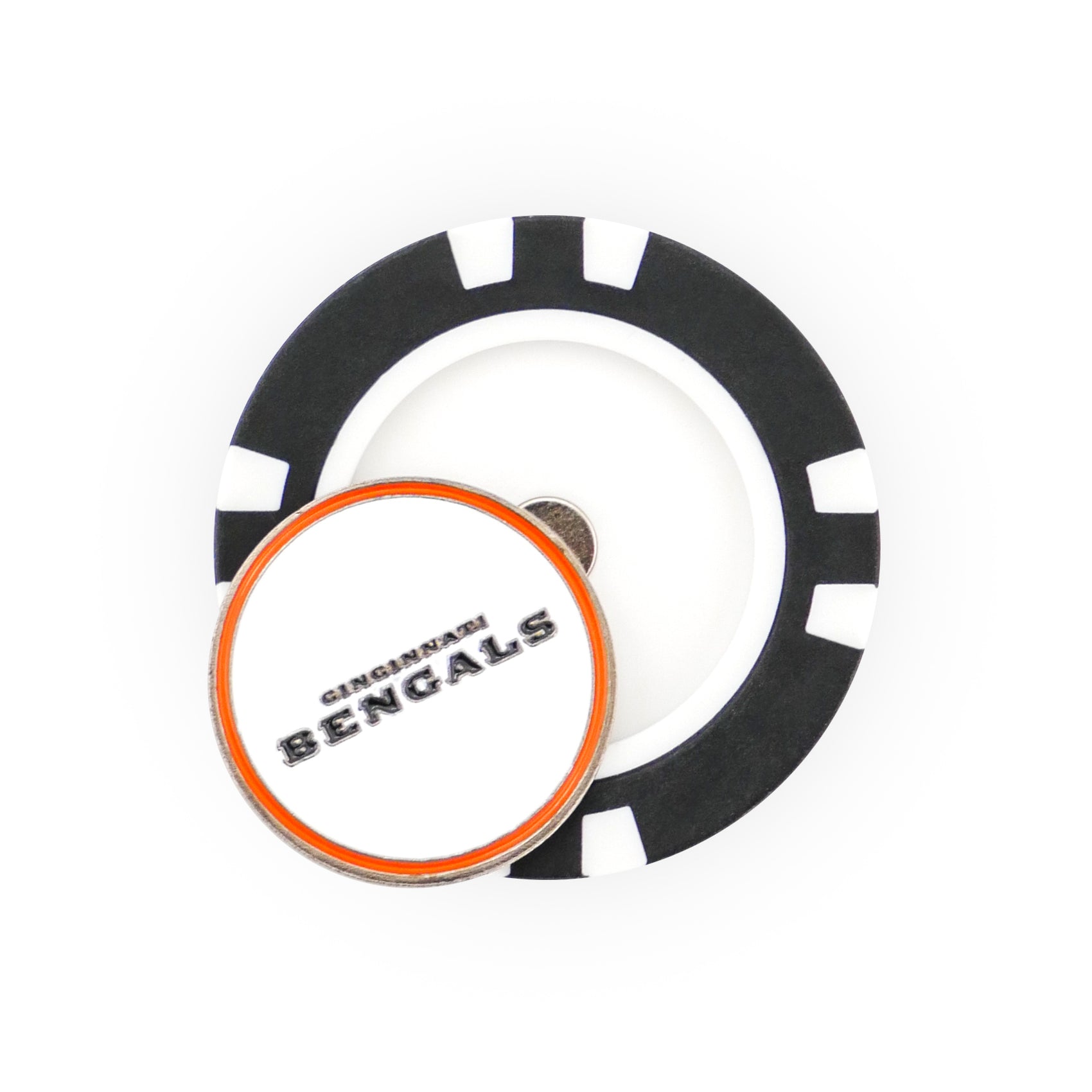 An NFL Team Ball Marker by NFL features black and white stripes, with part of it covered by a round orange-bordered marker displaying "Cincinnati Bengals" in black text.