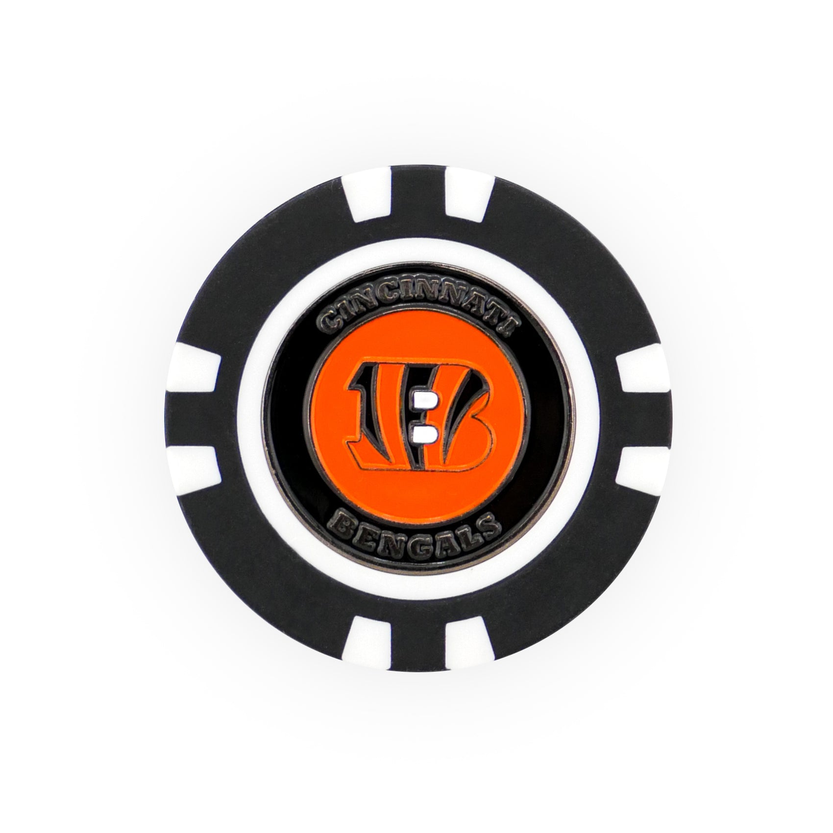 The NFL Team Ball Marker by NFL is a black and white poker chip marker featuring the orange Cincinnati Bengals “B” logo in the center, with "Cincinnati Bengals" encircling the logo.