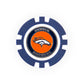 The NFL Team Ball Markers by NFL feature a blue and white poker chip design with the Denver Broncos logo—a white horse head on an orange background—and "Denver Broncos" written around the logo.