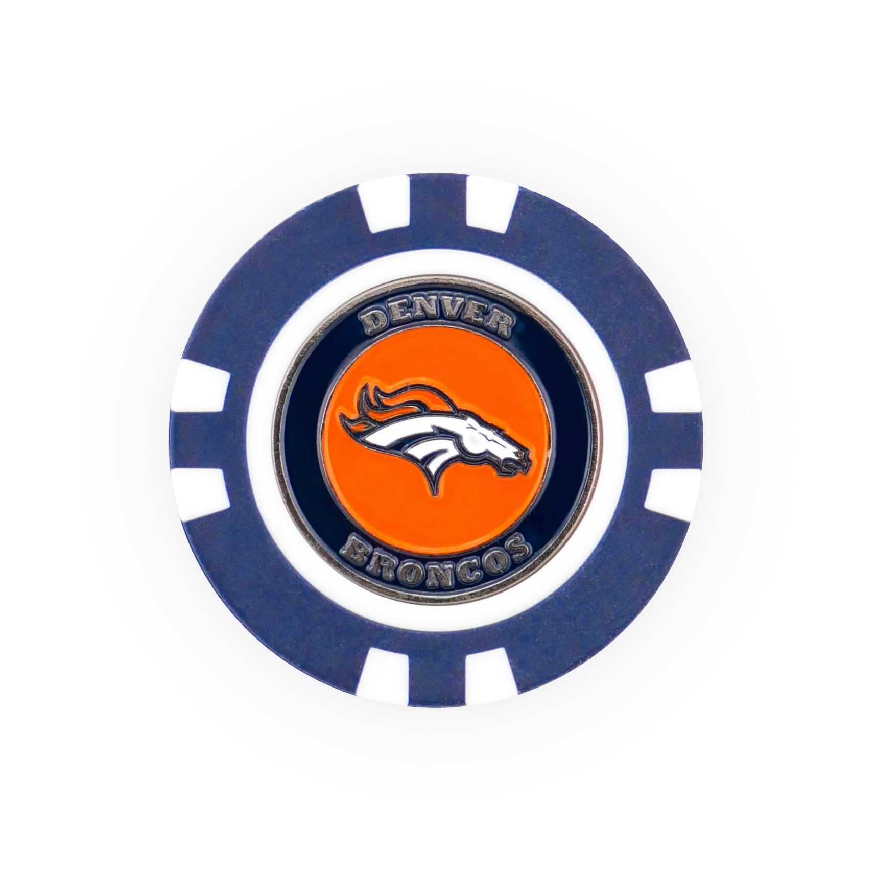 The NFL Team Ball Markers by NFL feature a blue and white poker chip design with the Denver Broncos logo—a white horse head on an orange background—and "Denver Broncos" written around the logo.