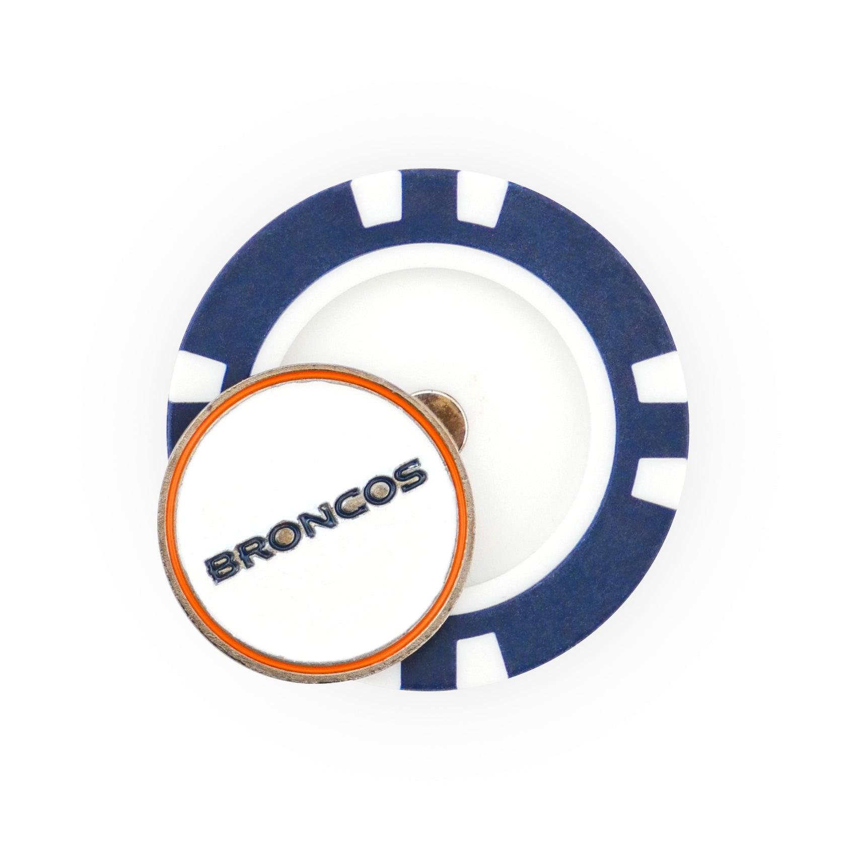 The NFL Team Ball Markers feature a blue and white poker chip design with a small round marker labeled BRONCOS in black letters with orange trim on top.