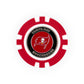 The NFL Team Ball Marker by NFL is a red and white poker chip style marker with the Tampa Bay Buccaneers logo and text on a black and silver center.