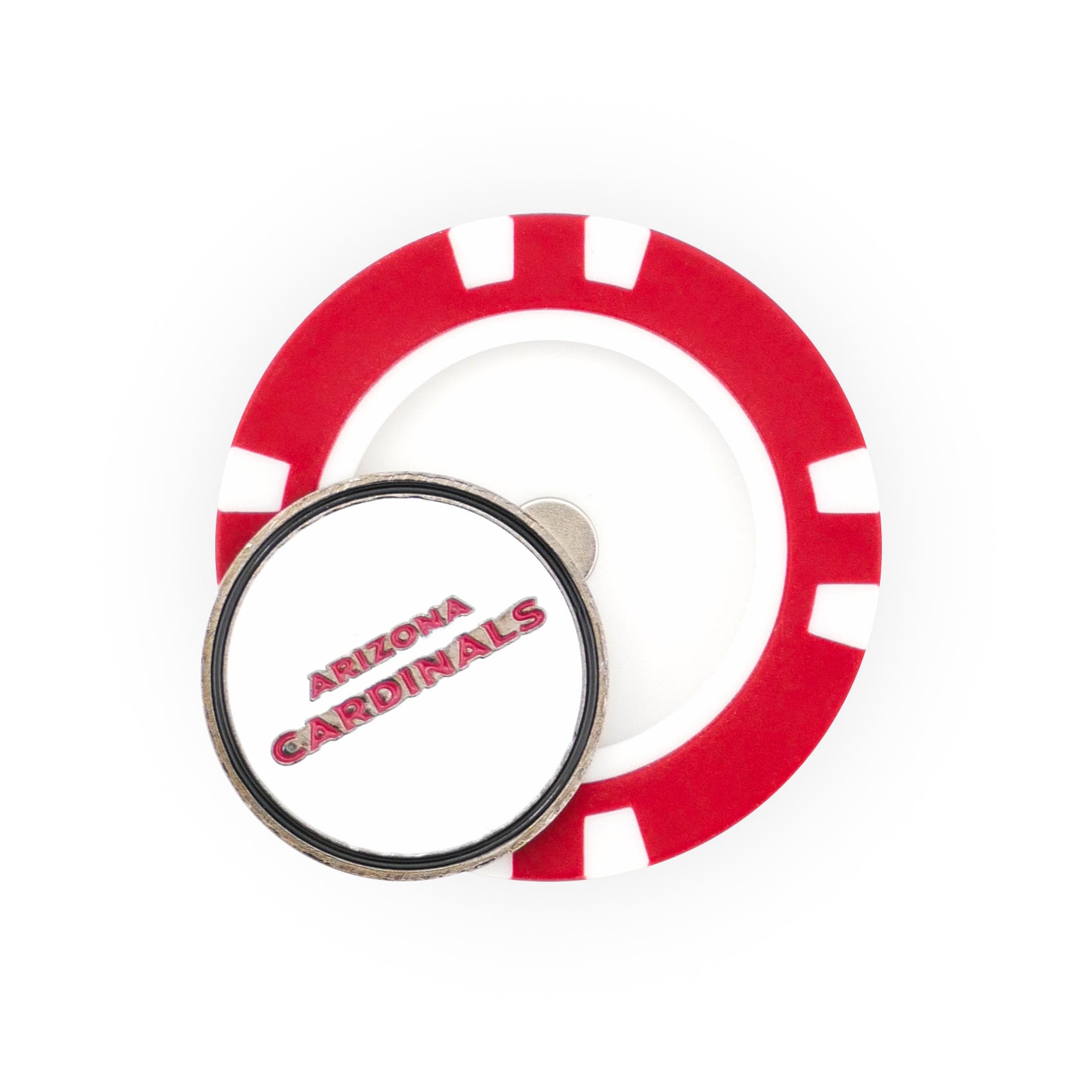 The NFL Team Ball Marker by NFL features a red and white poker chip design with a round top marker displaying "Arizona Cardinals" in red text.