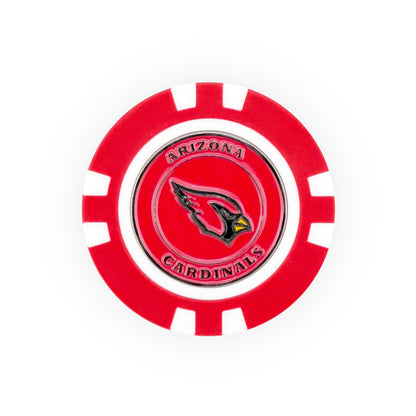 The NFL Team Ball Markers by NFL feature a red and white poker chip design with the Arizona Cardinals logo and the team name in black around the logo.