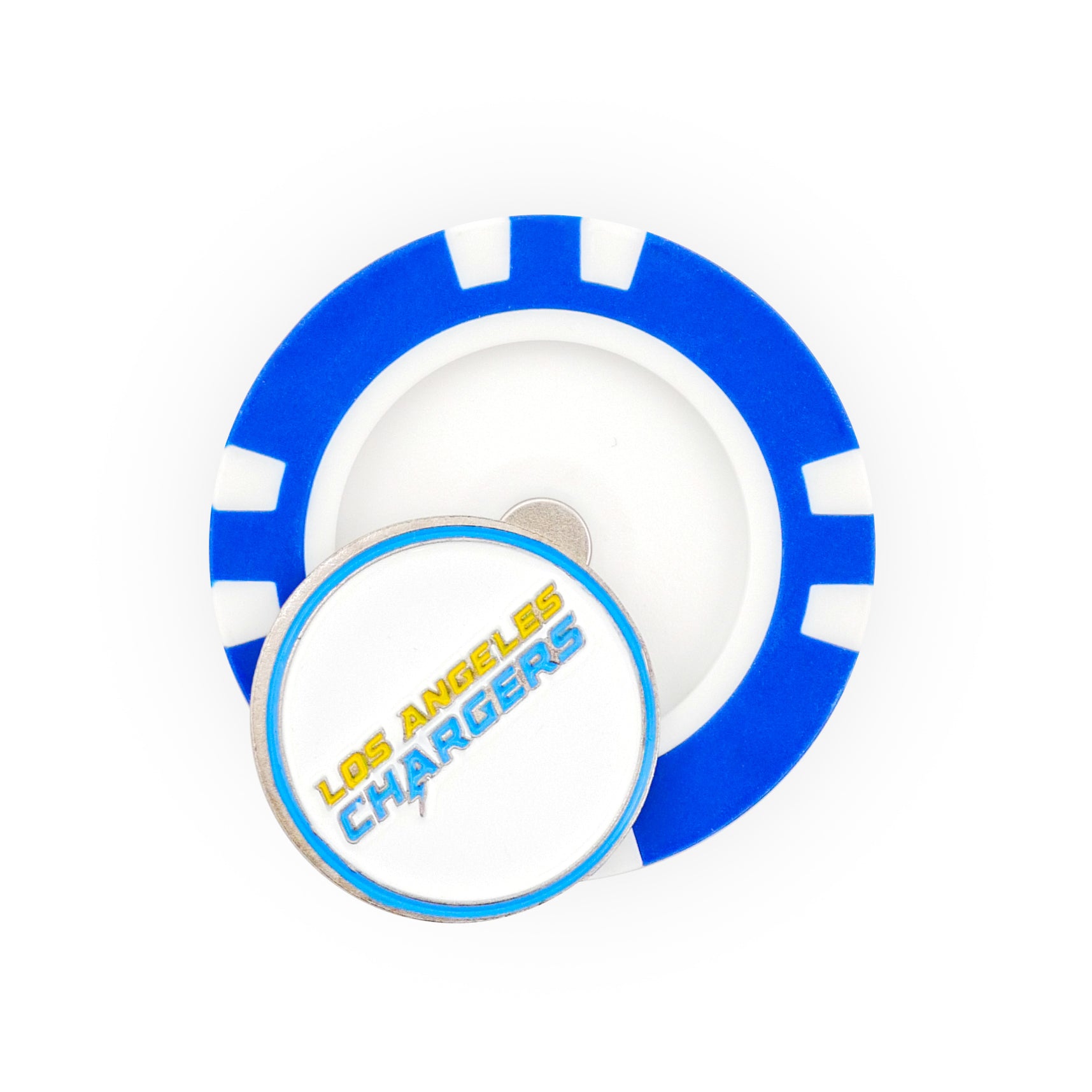 The NFL Team Ball Markers by NFL feature a blue and white poker chip ball marker with a matching round token on top, showcasing the Los Angeles Chargers logo and team name in yellow and blue.
