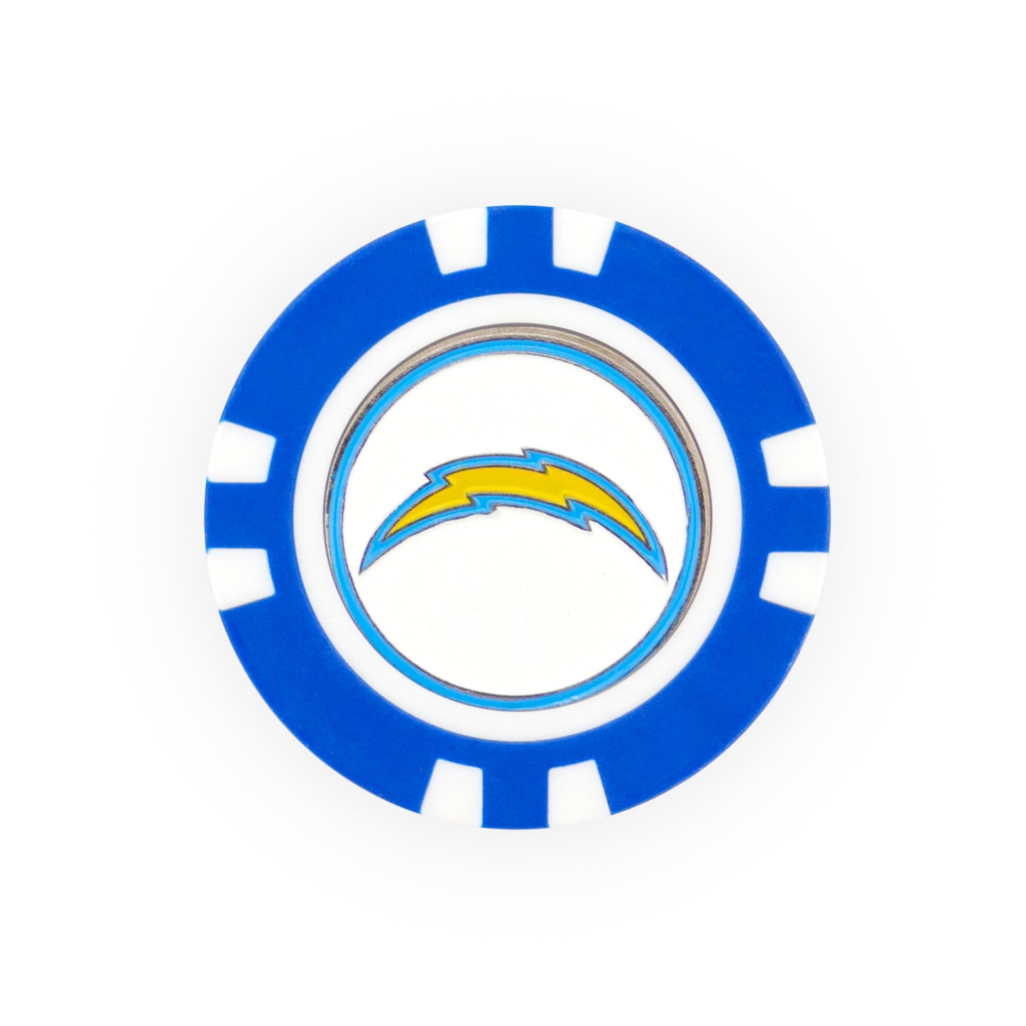 The NFL Team Ball Marker by NFL features the Los Angeles Chargers lightning bolt logo in the center of a blue and white poker chip, displayed on a white background.