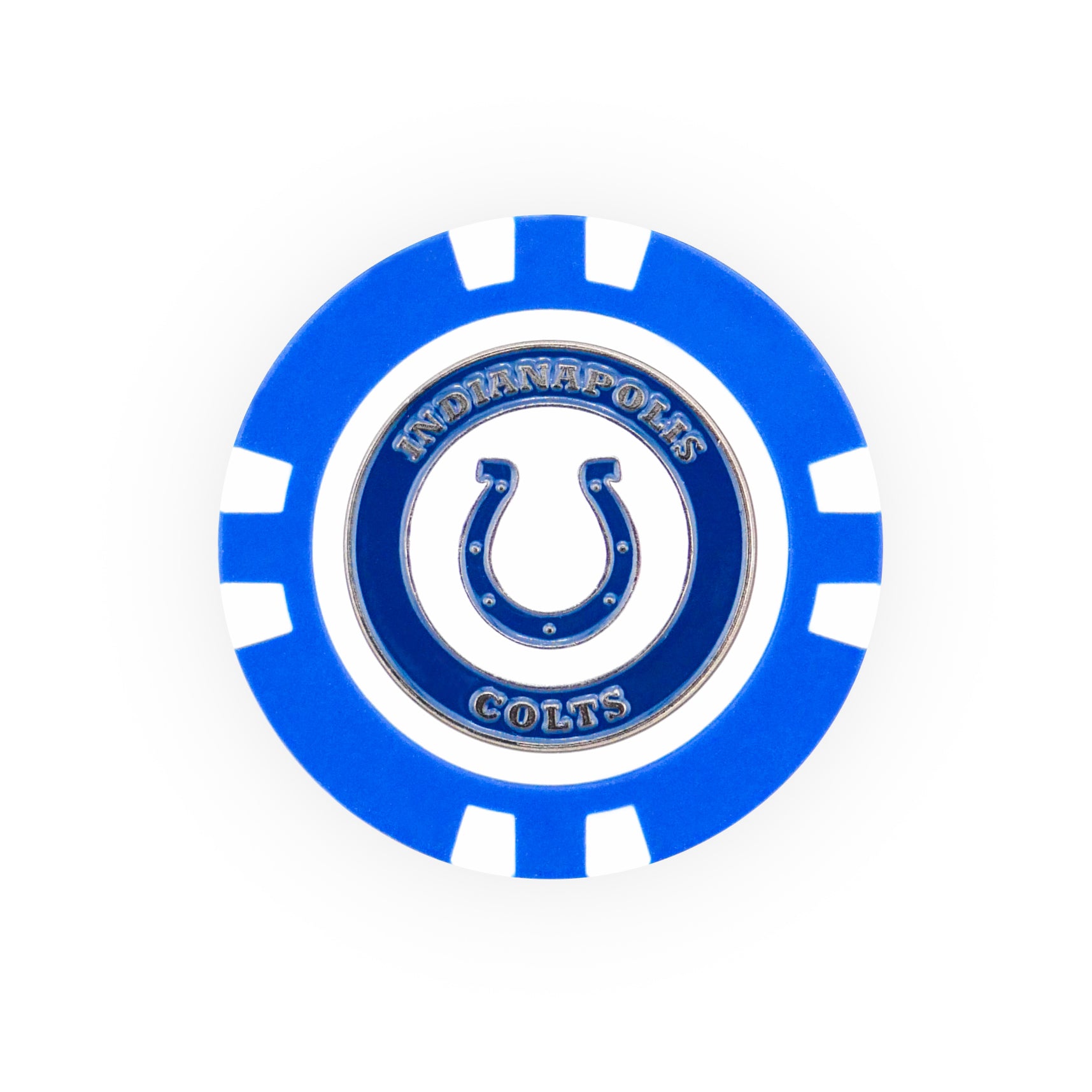 The NFL Team Ball Markers by NFL feature a blue and white poker chip design with the Indianapolis Colts logo—a blue horseshoe—and "Indianapolis Colts" in white and blue lettering around the center.