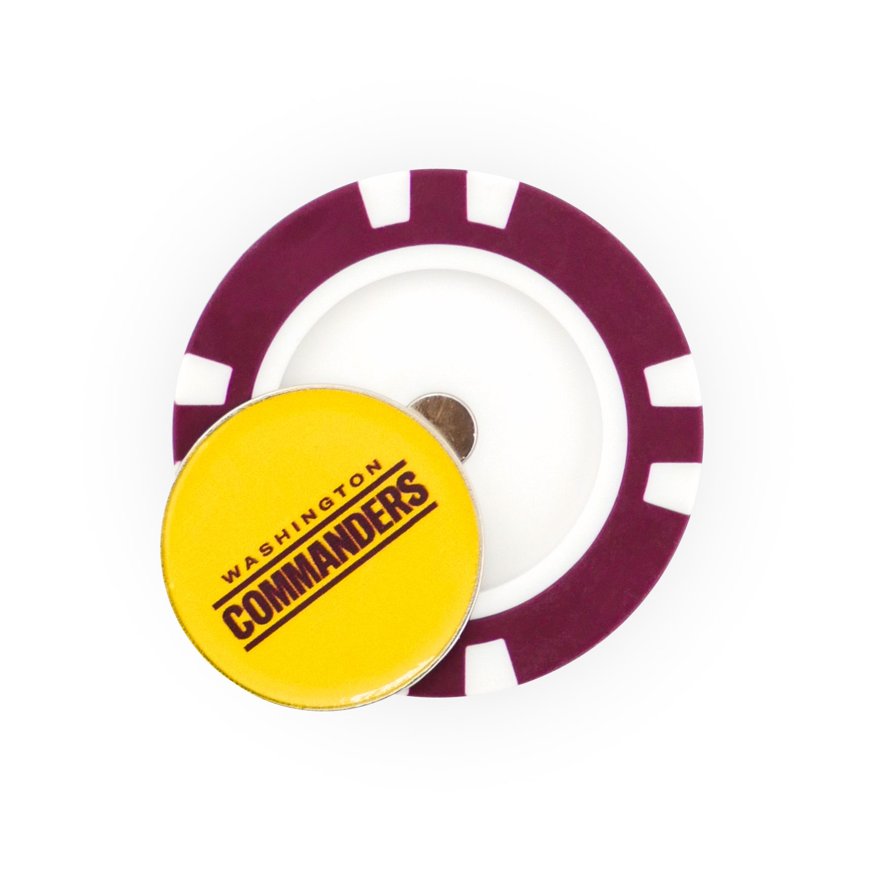 An NFL Team Ball Marker by NFL, featuring a yellow Washington Commanders chip, rests on a larger purple and white chip, both set against a white background.