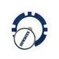 The NFL Team Ball Markers by NFL feature a blue and white poker chip ball marker topped with a round metal marker displaying "COWBOYS" in navy blue text.