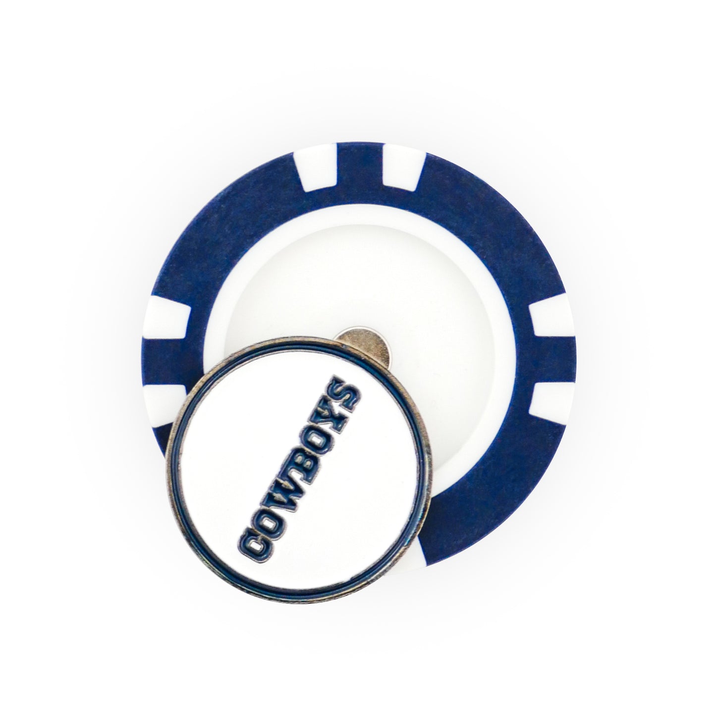The NFL Team Ball Markers by NFL feature a blue and white poker chip ball marker topped with a round metal marker displaying "COWBOYS" in navy blue text.