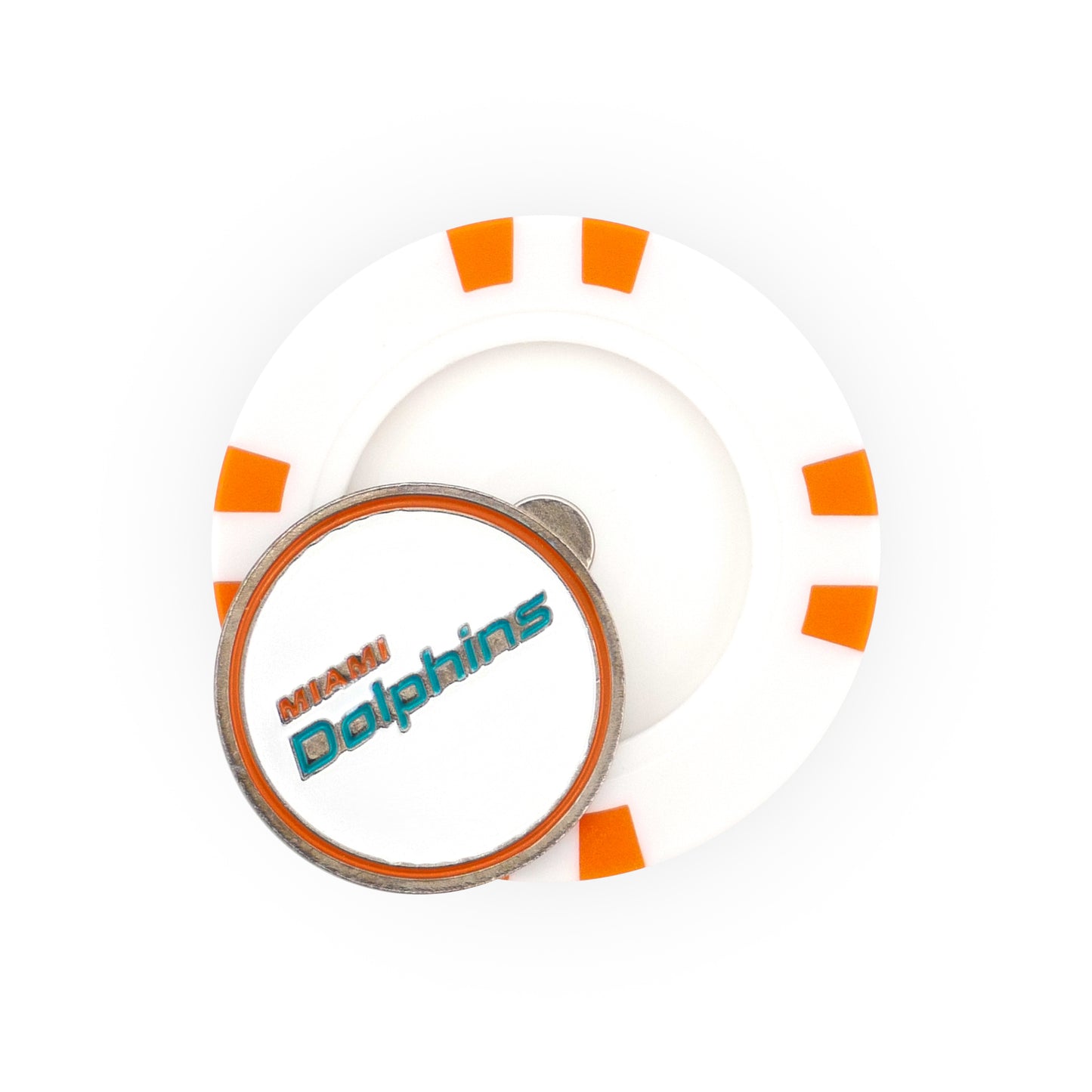 The NFL Team Ball Markers by NFL feature a white poker chip-style marker with orange accents and a smaller round piece on top displaying the Miami Dolphins logo and text in teal and orange.