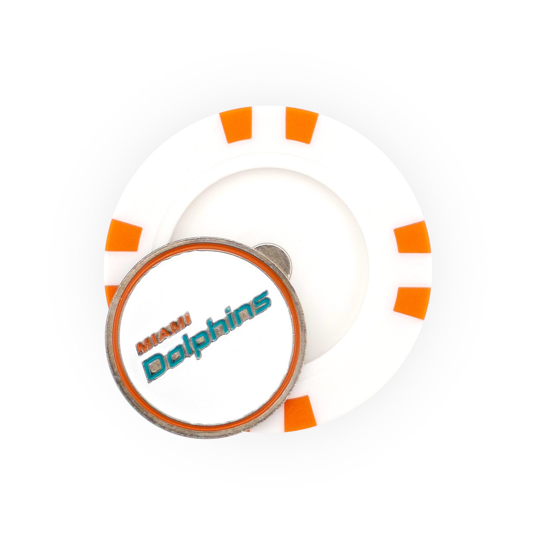 The NFL Team Ball Markers by NFL feature a white poker chip-style marker with orange accents and a smaller round piece on top displaying the Miami Dolphins logo and text in teal and orange.