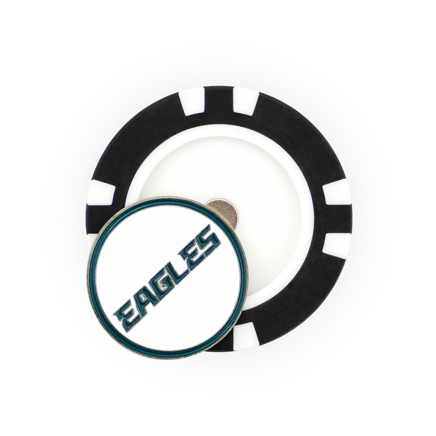 The NFL Team Ball Markers by NFL feature a black and white poker chip design with a round coin on top. The coin has a teal border and bold diagonal "EAGLES" lettering—perfect for marking your spot on the green.