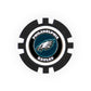 The NFL Team Ball Marker by NFL is a black and white poker chip featuring the Philadelphia Eagles logo with "Philadelphia Eagles" around the eagle head emblem in the center.