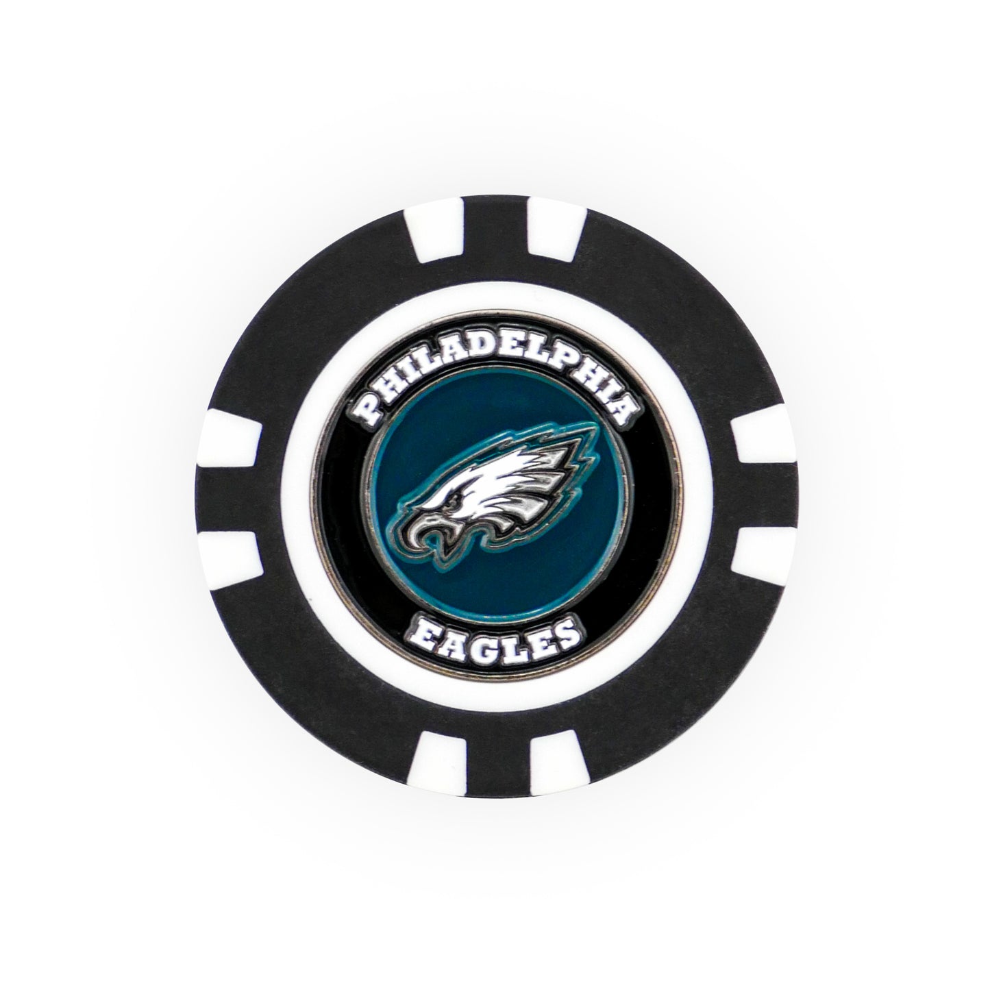 The NFL Team Ball Marker by NFL is a black and white poker chip featuring the Philadelphia Eagles logo with "Philadelphia Eagles" around the eagle head emblem in the center.