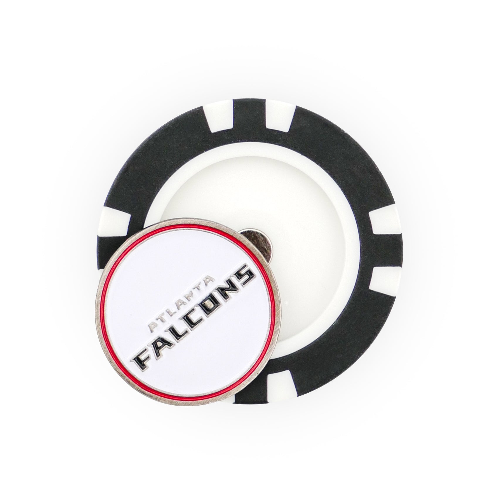 The NFL Team Ball Markers by NFL feature a black-and-white poker chip ball marker with a round top displaying the Atlanta Falcons logo and text.