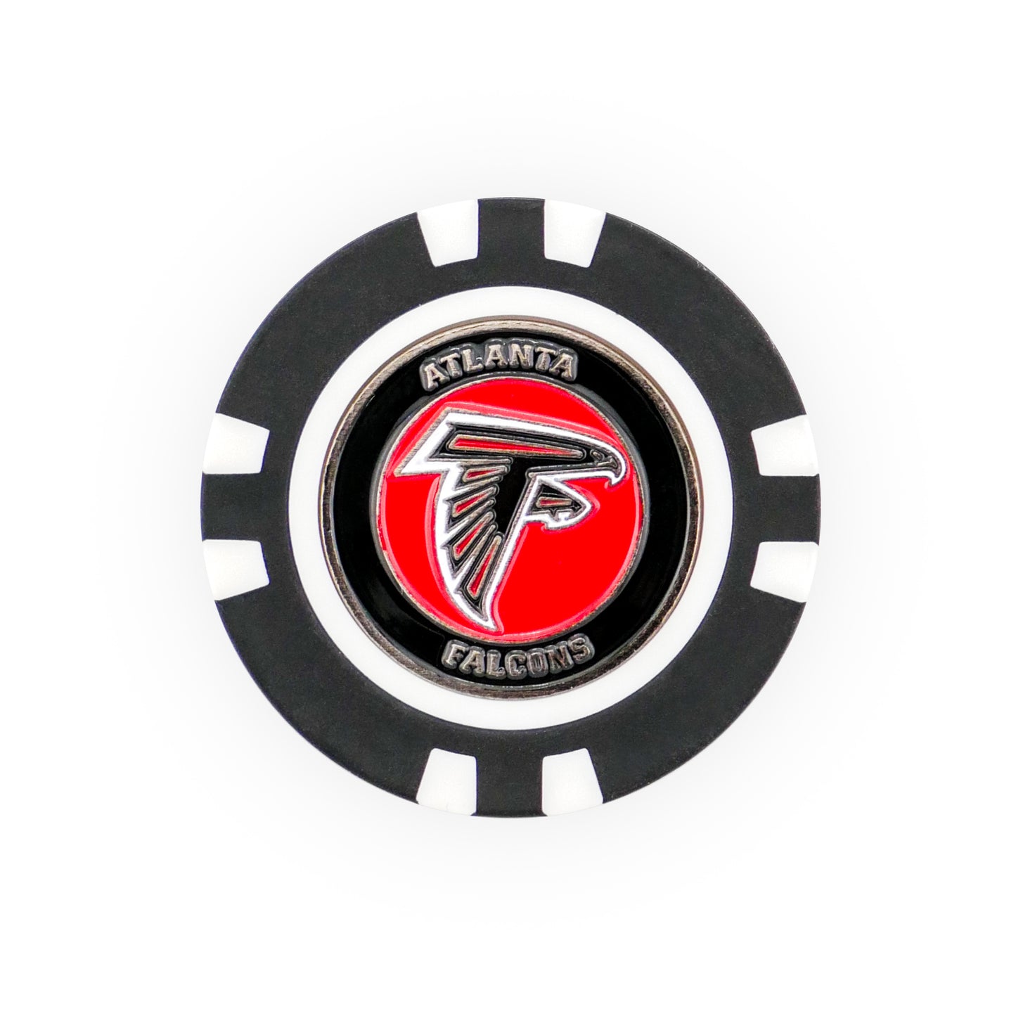 The NFL Team Ball Marker by NFL features a black and white poker chip design with the Atlanta Falcons logo—a silver falcon head on a red background—with "Atlanta Falcons" above and below the logo.