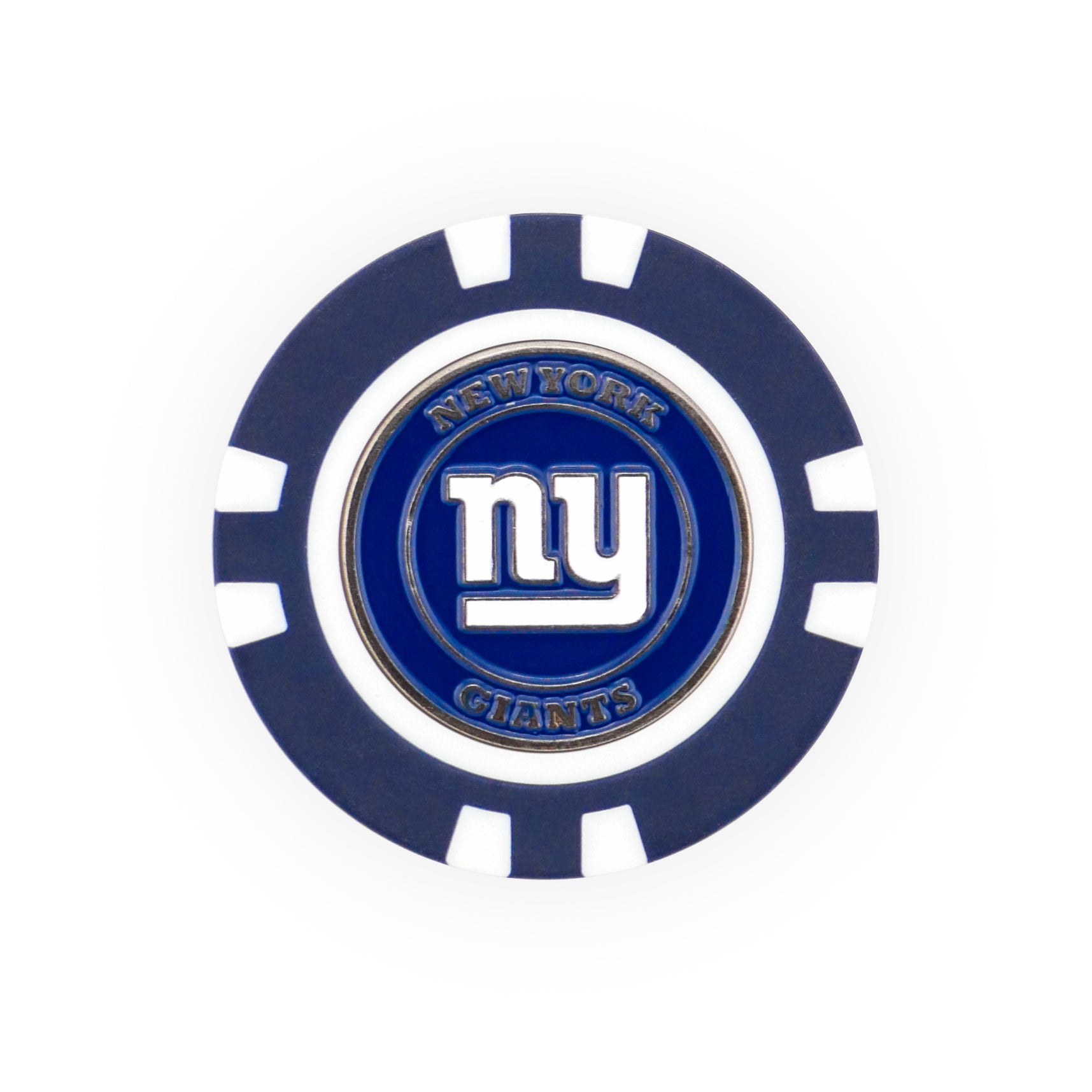 The NFL Team Ball Marker by NFL features a blue and white poker chip design with NEW YORK GIANTS and the "ny" logo in white on a blue background at the center.
