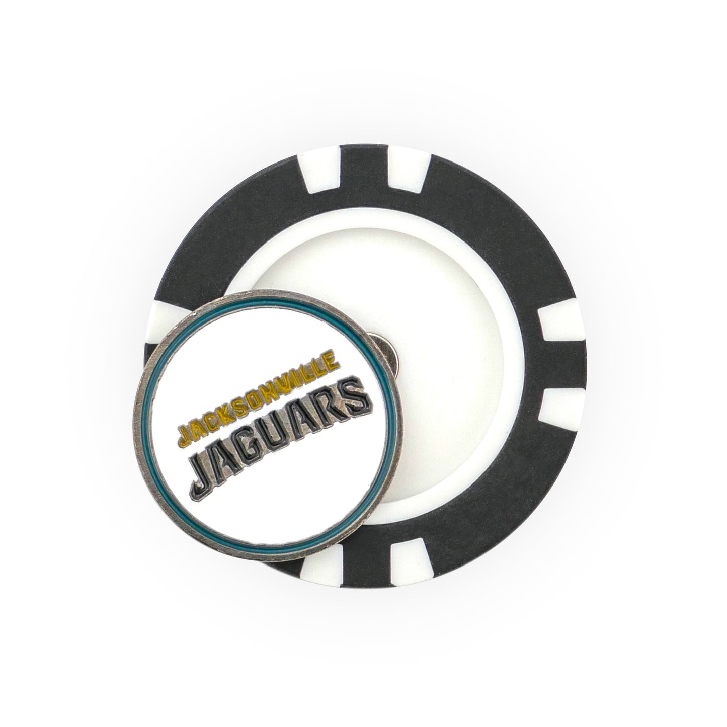 An NFL Team Ball Marker by NFL rests on a white surface, featuring a black and white poker chip design topped with a round marker that reads "JACKSONVILLE JAGUARS" in gold and black letters.