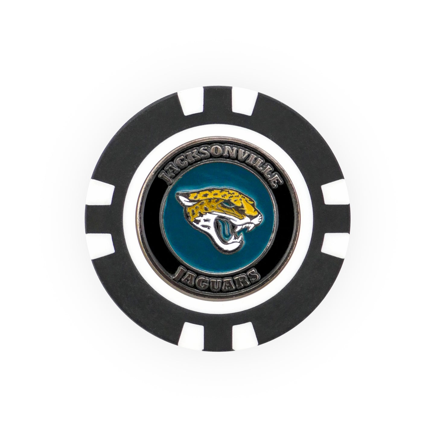 The NFL Team Ball Marker by NFL features a black and white poker chip design with the Jacksonville Jaguars logo—a jaguar head on teal—and "JACKSONVILLE JAGUARS" around the edge.